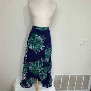 Petal Roz Women's Navy Green Leaf Print Faux Wrap Maxi Skirt Size Small Tropical